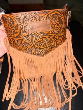 Wrangler Tan & Dark Brown Tooled Floral Fringe Crossbody